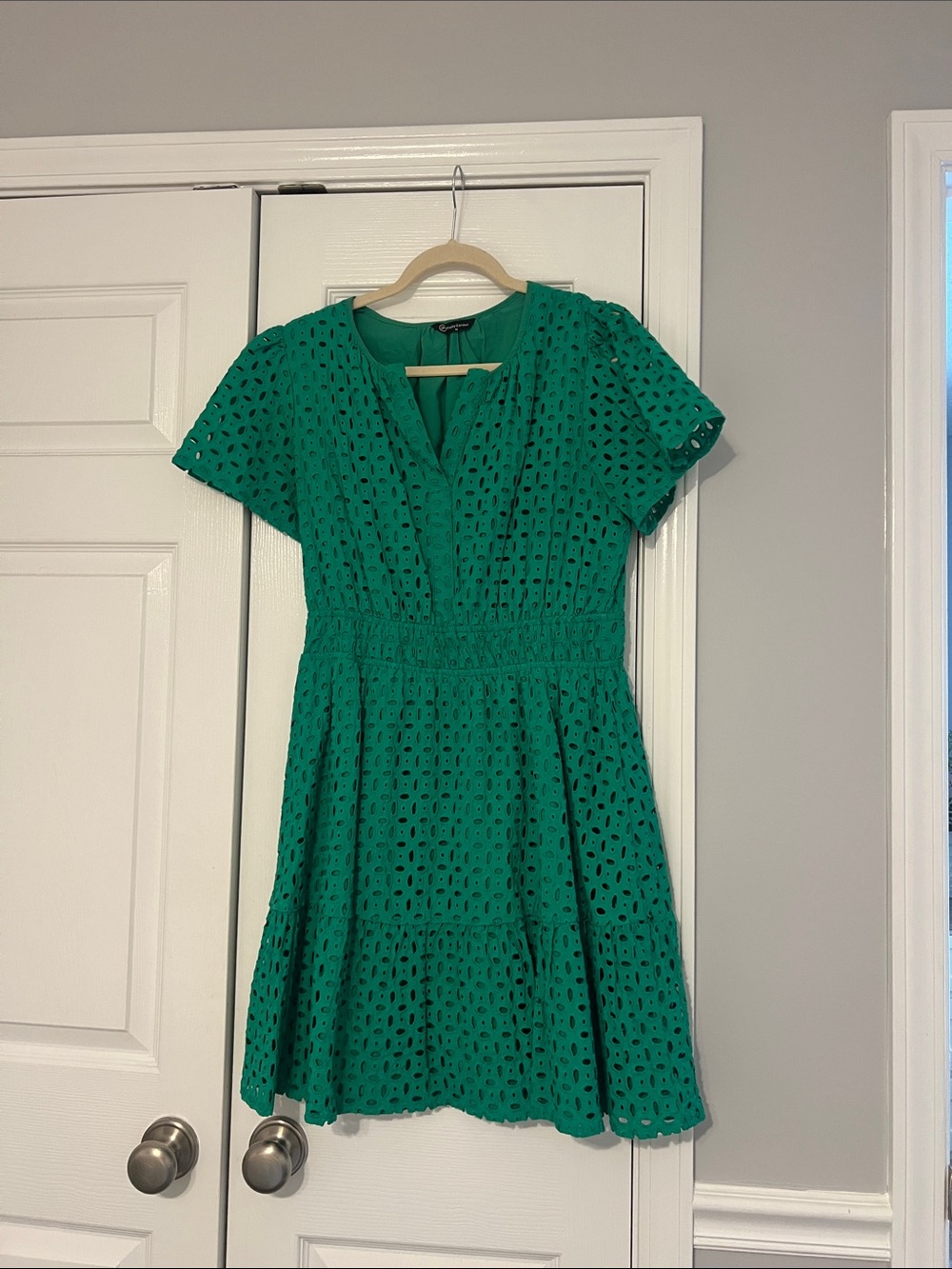 Green Eyelet V-Neck Fit & Flare Dress